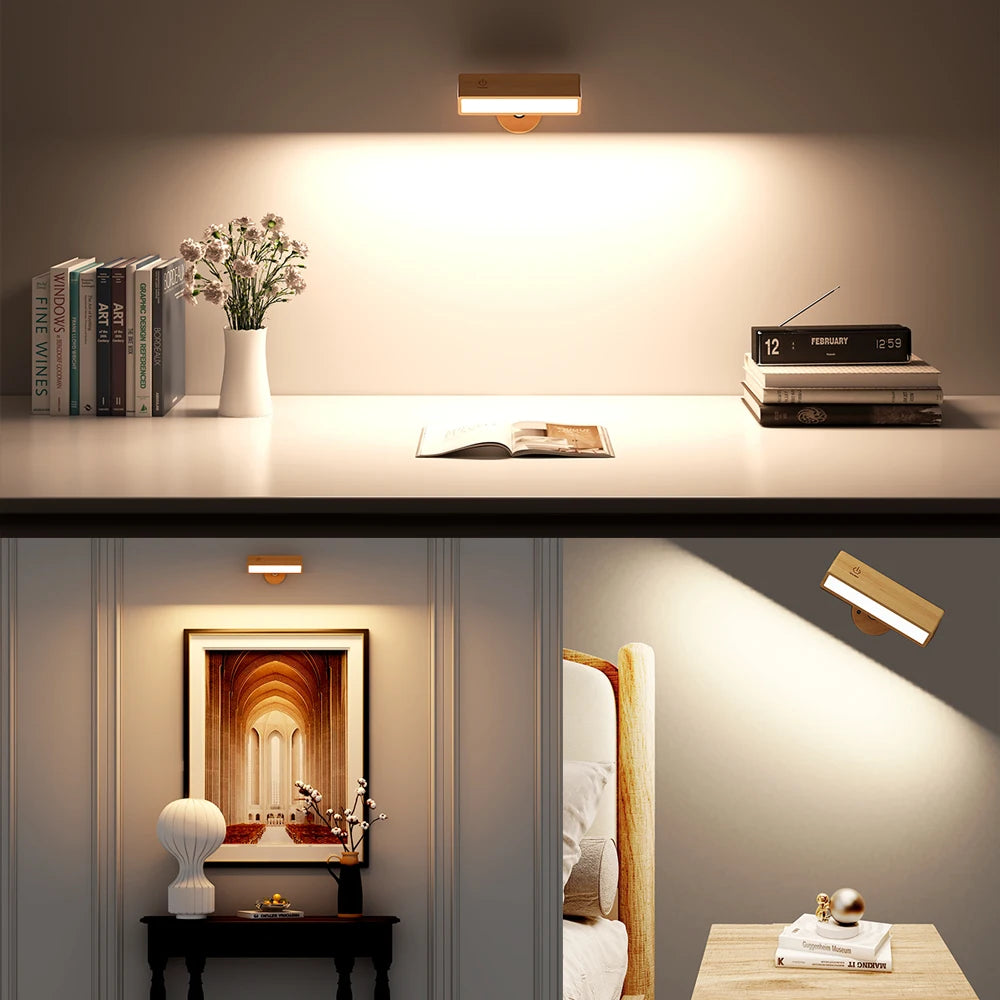 Nordic Wood Wall Lamp with 360 Rotate Dimmable Wall Sconce Touchable Magnetic for Bedroom Cordless Wall Mount Light for Reading