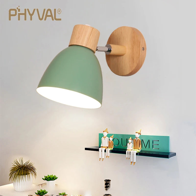 Nordic Wall Lamp Bedside Wall Light Wooden Wall Sconce for Bedroom Living Room Home Lighting E27 Macaroon Steering Head