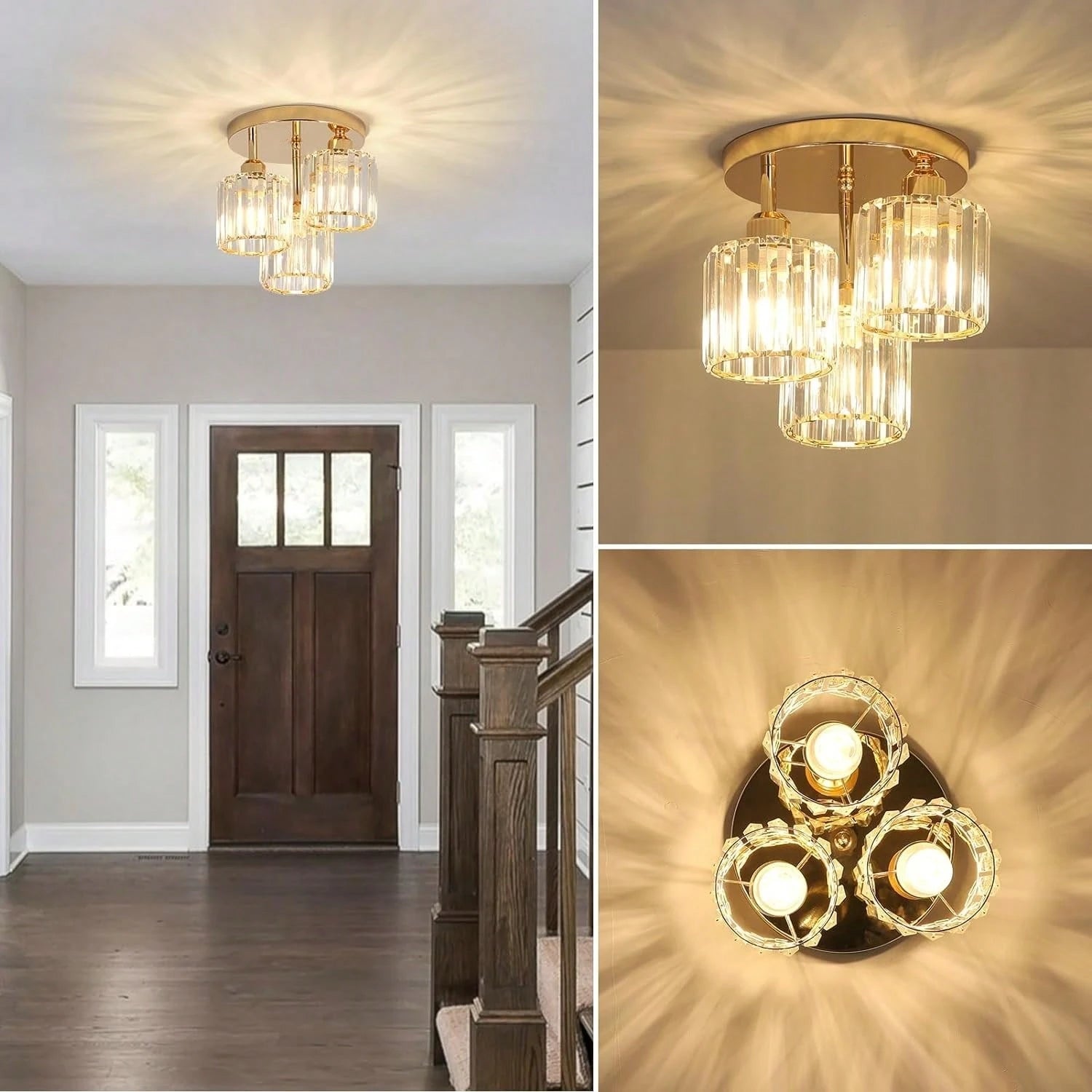 3-Light Modern Semi-Flush Mount Ceiling Light, Gold Crystal Glass Close to Ceiling Lighting Fixture for Kitchen Hallway Bedroom