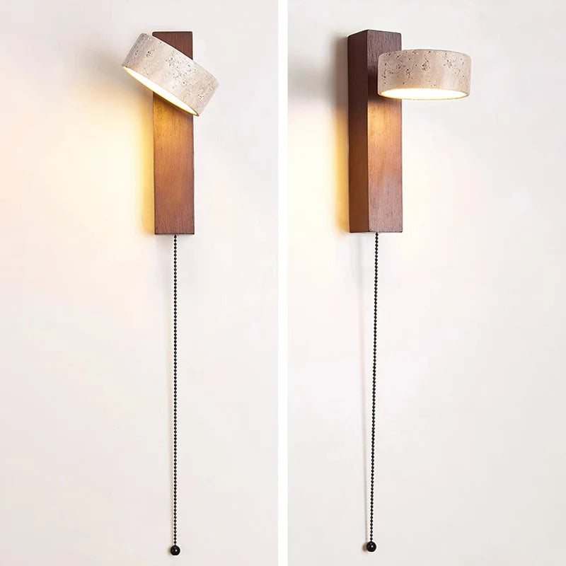 Bedroom Headboard Wall Lamp with Pull Wire Switch Can Rotate the French Medieval Wabi-Sabi Solid Wood Retro Lighting Cream Wind