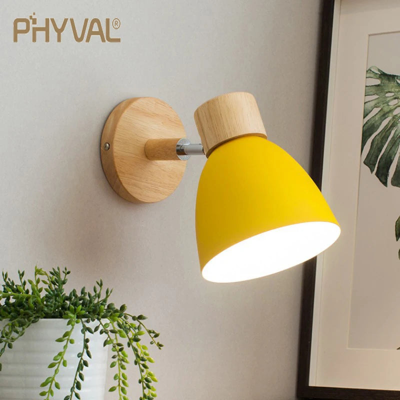 Nordic Wall Lamp Bedside Wall Light Wooden Wall Sconce for Bedroom Living Room Home Lighting E27 Macaroon Steering Head
