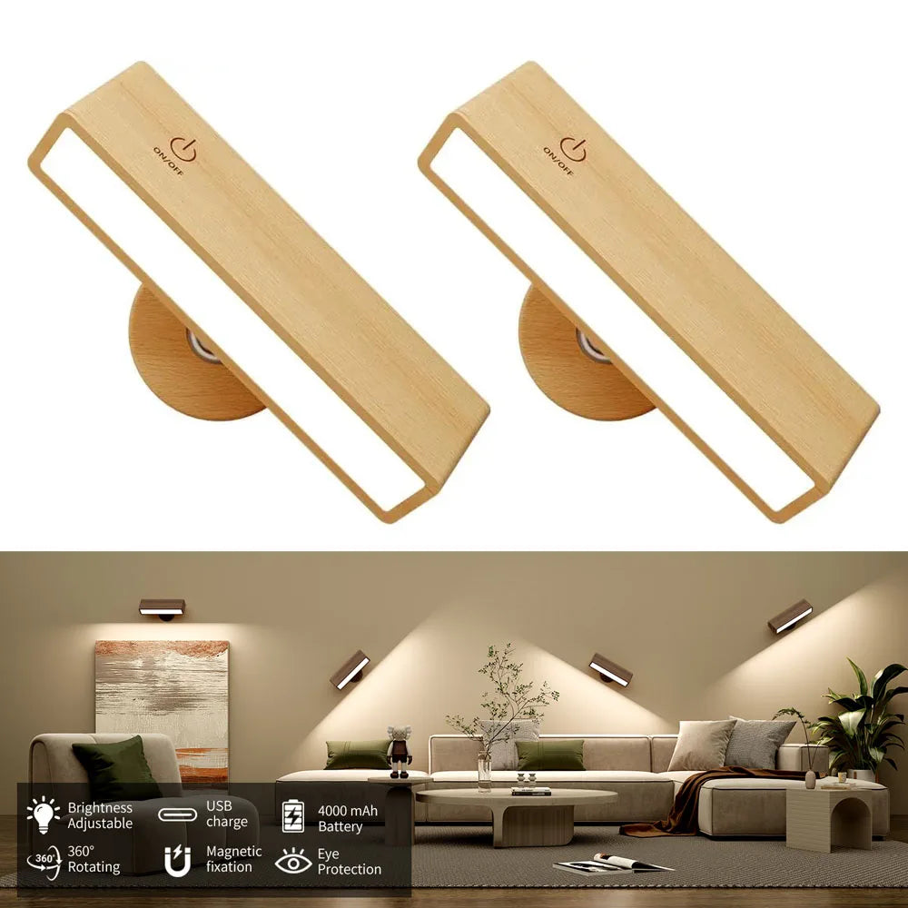 Nordic Wood Wall Lamp with 360 Rotate Dimmable Wall Sconce Touchable Magnetic for Bedroom Cordless Wall Mount Light for Reading