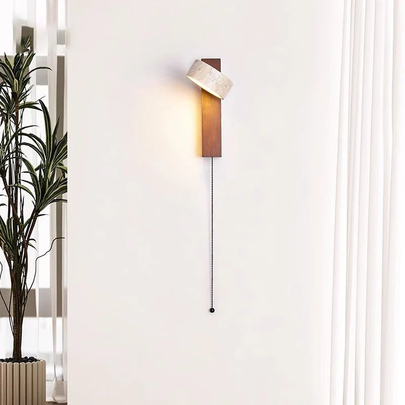 Bedroom Headboard Wall Lamp with Pull Wire Switch Can Rotate the French Medieval Wabi-Sabi Solid Wood Retro Lighting Cream Wind