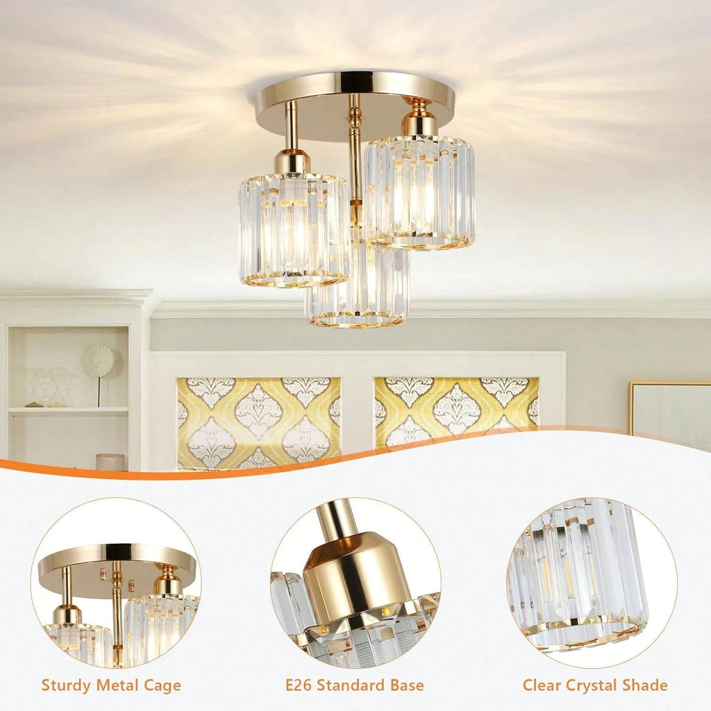 3-Light Modern Semi-Flush Mount Ceiling Light, Gold Crystal Glass Close to Ceiling Lighting Fixture for Kitchen Hallway Bedroom