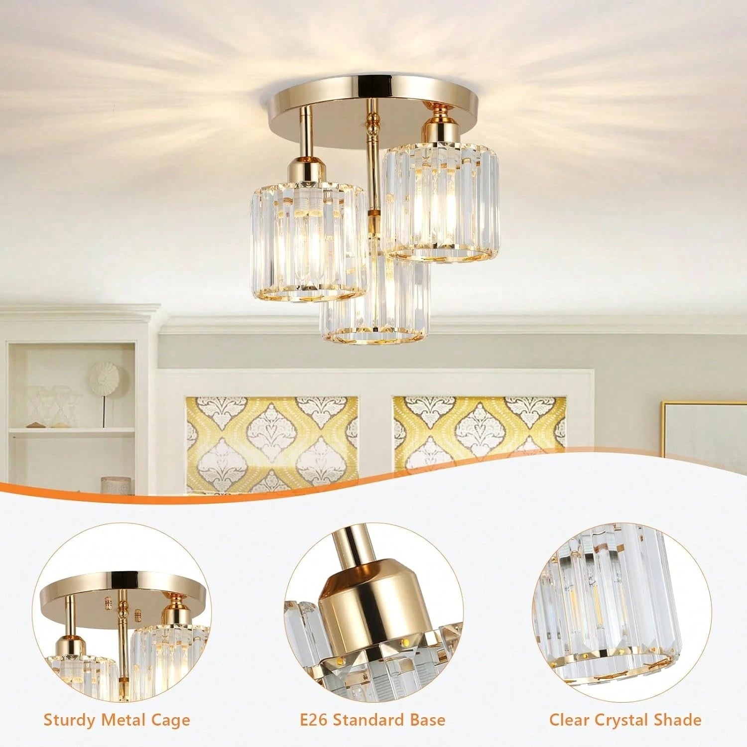 3-Light Modern Semi-Flush Mount Ceiling Light, Gold Crystal Glass Close to Ceiling Lighting Fixture for Kitchen Hallway Bedroom
