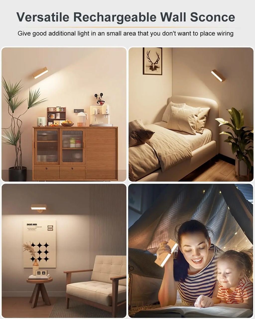 Nordic Wood Wall Lamp with 360 Rotate Dimmable Wall Sconce Touchable Magnetic for Bedroom Cordless Wall Mount Light for Reading