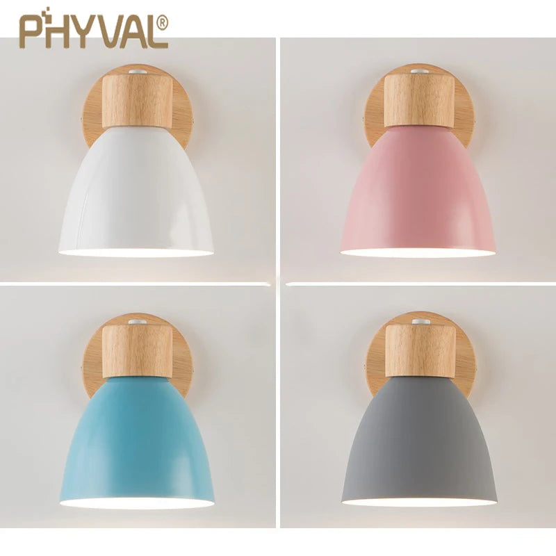 Nordic Wall Lamp Bedside Wall Light Wooden Wall Sconce for Bedroom Living Room Home Lighting E27 Macaroon Steering Head