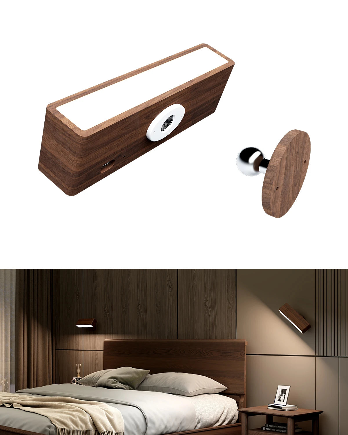Nordic Wood Wall Lamp with 360 Rotate Dimmable Wall Sconce Touchable Magnetic for Bedroom Cordless Wall Mount Light for Reading