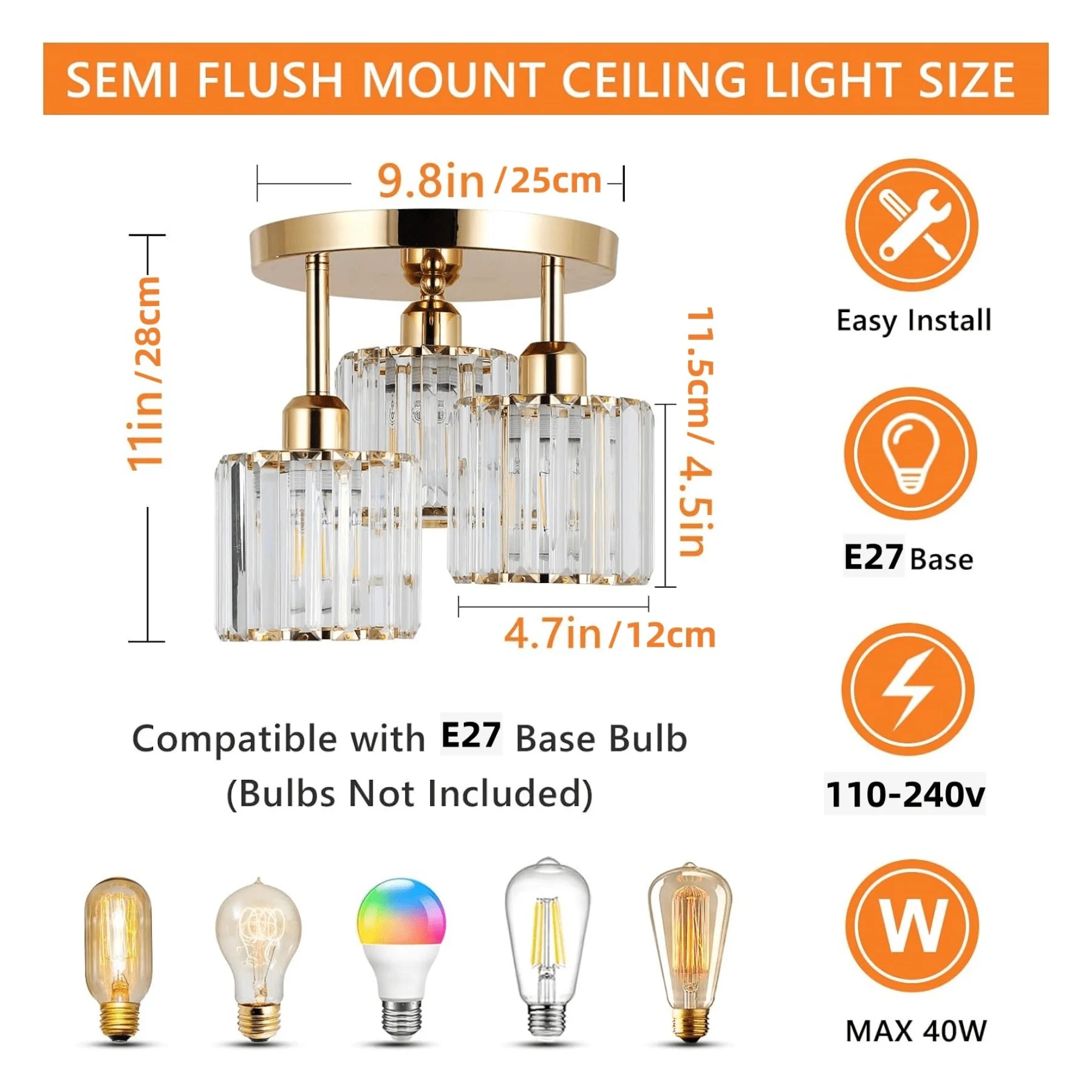 3-Light Modern Semi-Flush Mount Ceiling Light, Gold Crystal Glass Close to Ceiling Lighting Fixture for Kitchen Hallway Bedroom