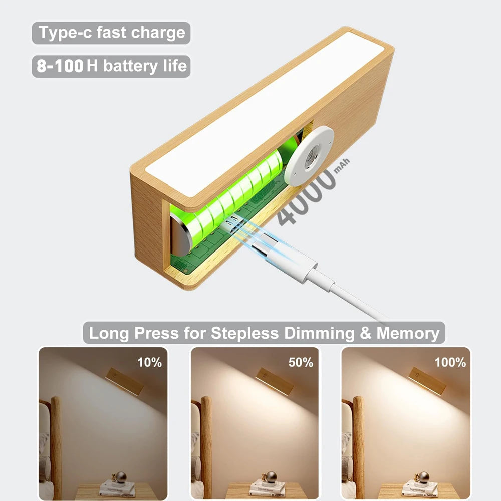 Nordic Wood Wall Lamp with 360 Rotate Dimmable Wall Sconce Touchable Magnetic for Bedroom Cordless Wall Mount Light for Reading
