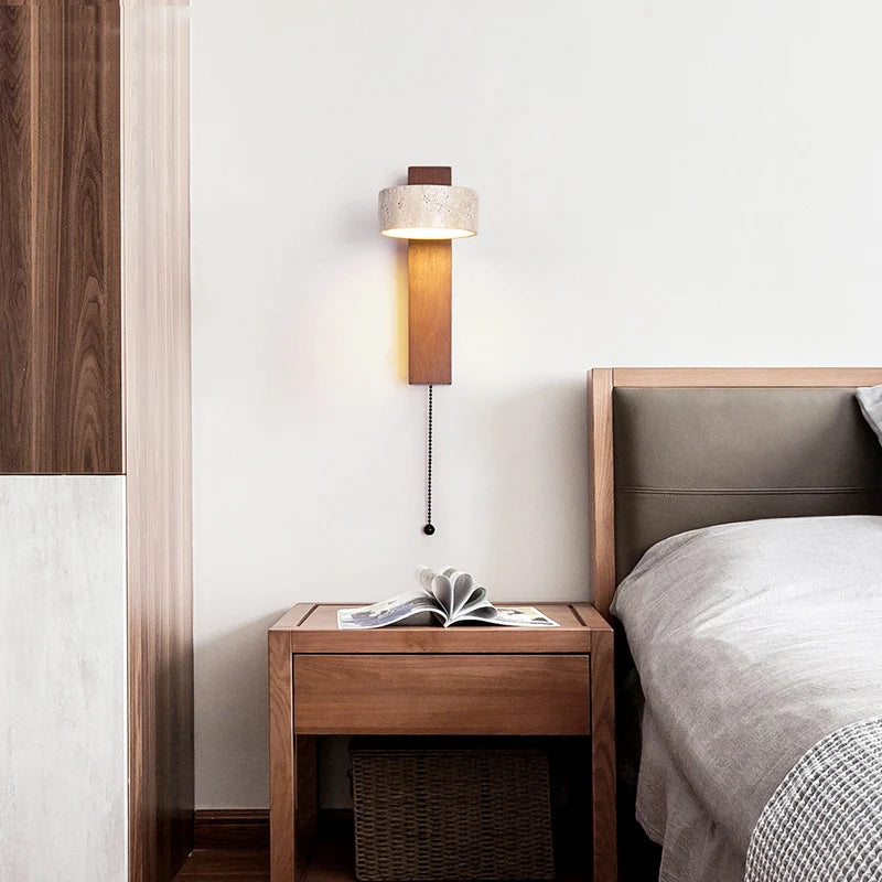 Bedroom Headboard Wall Lamp with Pull Wire Switch Can Rotate the French Medieval Wabi-Sabi Solid Wood Retro Lighting Cream Wind