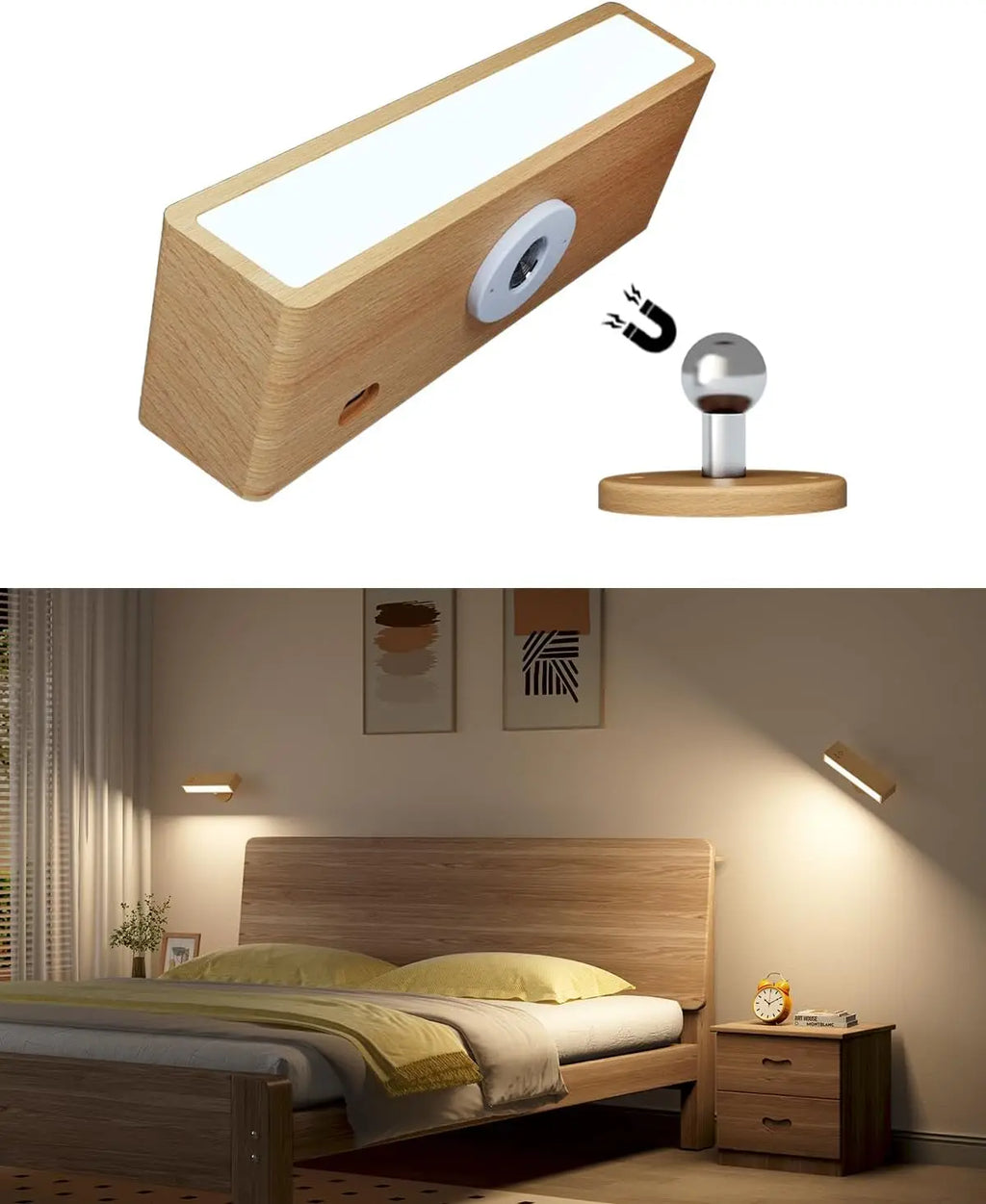 Nordic Wood Wall Lamp with 360 Rotate Dimmable Wall Sconce Touchable Magnetic for Bedroom Cordless Wall Mount Light for Reading