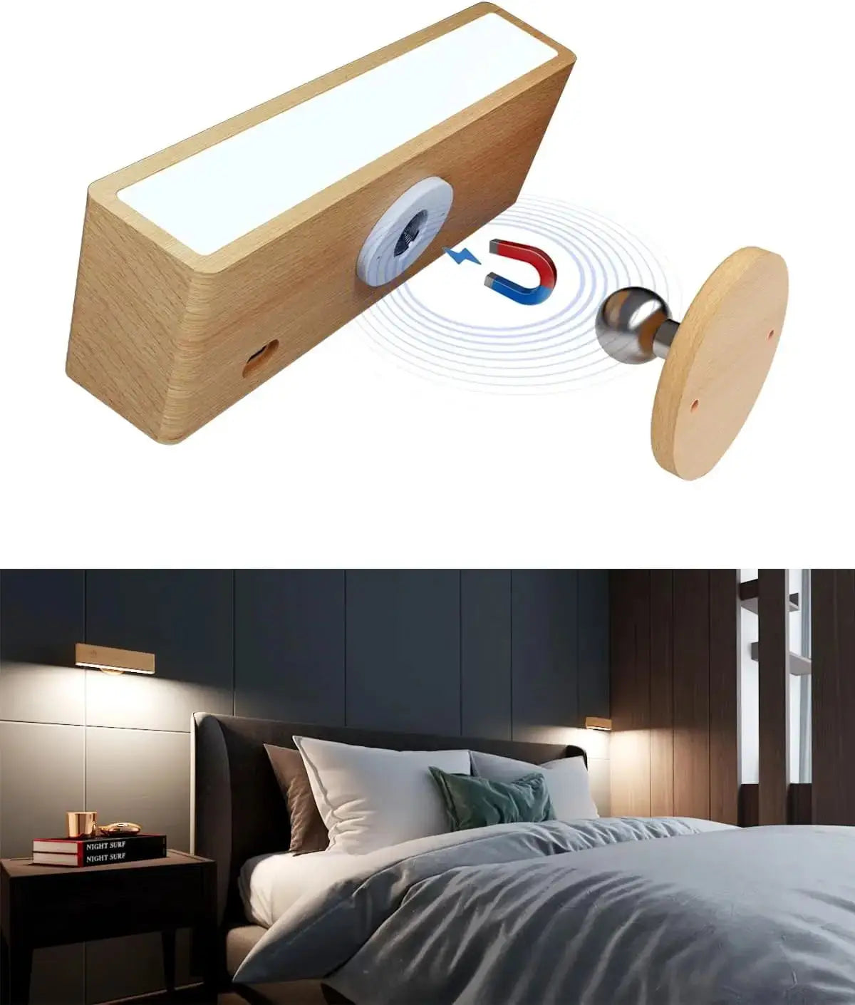 Nordic Wood Wall Lamp with 360 Rotate Dimmable Wall Sconce Touchable Magnetic for Bedroom Cordless Wall Mount Light for Reading