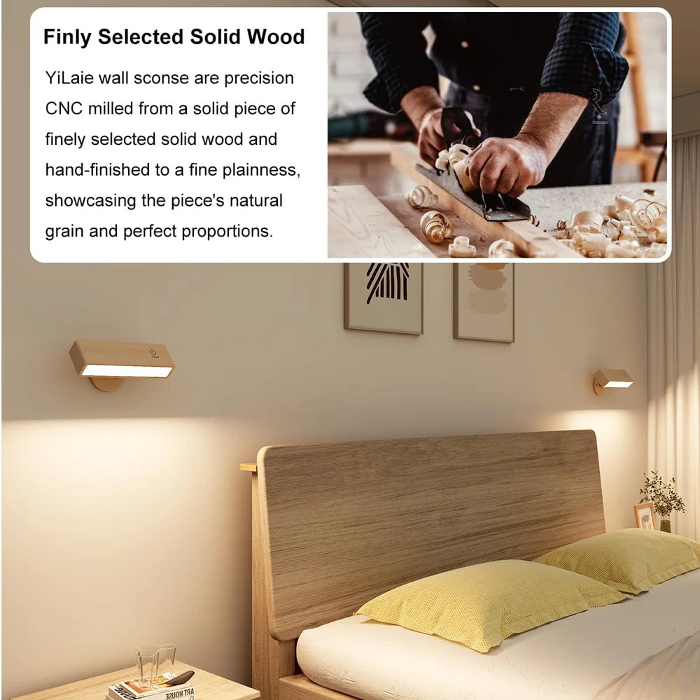 Nordic Wood Wall Lamp with 360 Rotate Dimmable Wall Sconce Touchable Magnetic for Bedroom Cordless Wall Mount Light for Reading