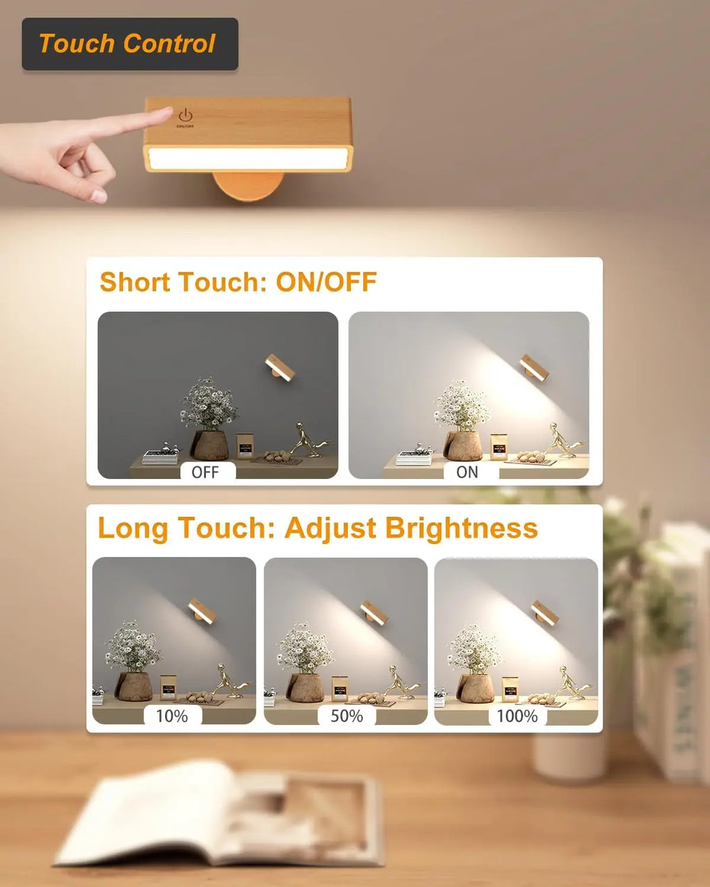 Nordic Wood Wall Lamp with 360 Rotate Dimmable Wall Sconce Touchable Magnetic for Bedroom Cordless Wall Mount Light for Reading