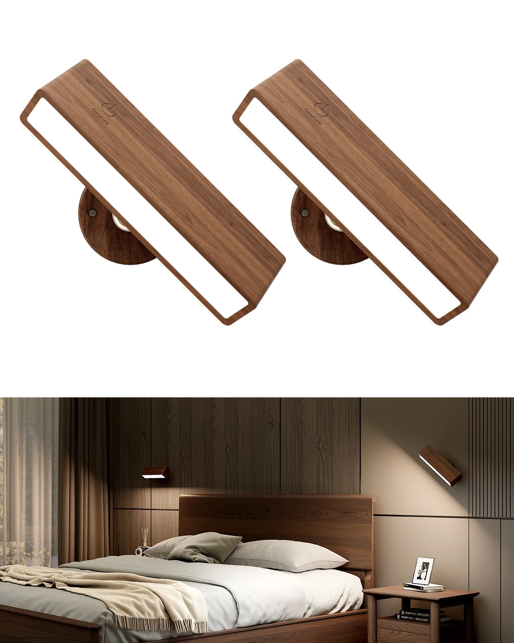 Nordic Wood Wall Lamp with 360 Rotate Dimmable Wall Sconce Touchable Magnetic for Bedroom Cordless Wall Mount Light for Reading