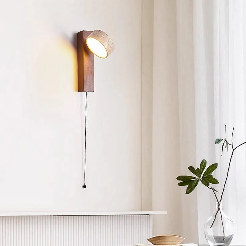 Bedroom Headboard Wall Lamp with Pull Wire Switch Can Rotate the French Medieval Wabi-Sabi Solid Wood Retro Lighting Cream Wind